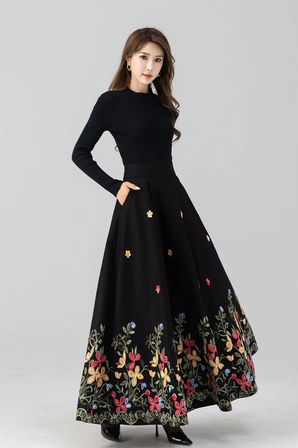 Black Wool Maxi Skirt - Embroidered Flared Silhouette 4664