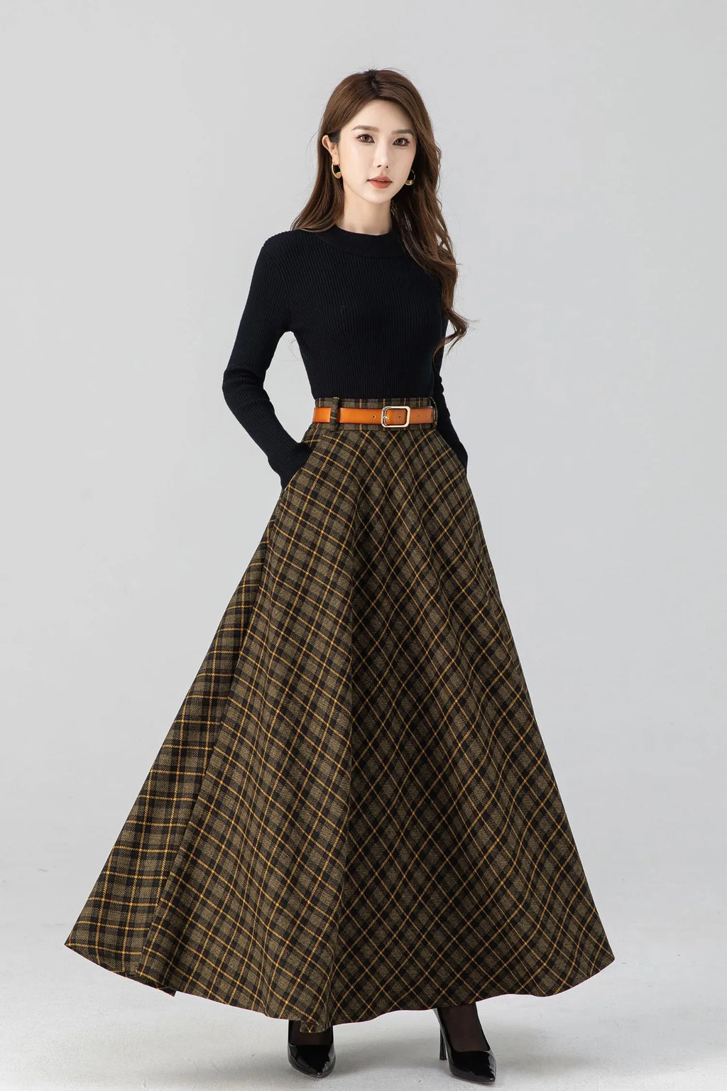 Handmade Brown Plaid Wool Maxi Skirt – High Waist Pleated Winter Long Skirt 