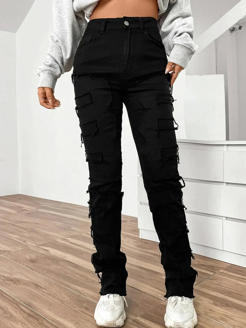 New European and American Streetwise Stretch Patch for Women High Street Straight Fit Long Women's Jean