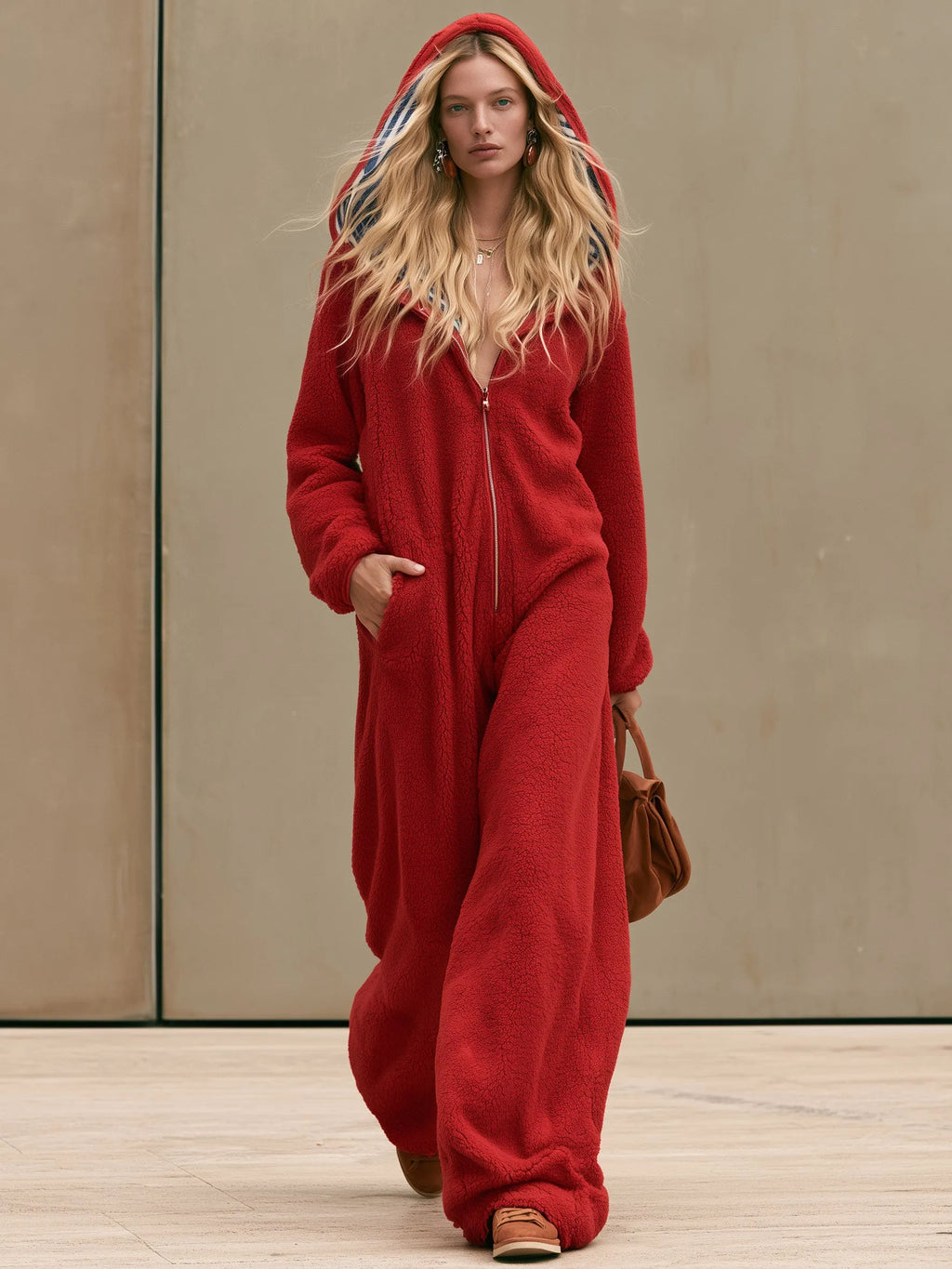 Casual Loose Striped Hooded Red Fleece Jumpsuit