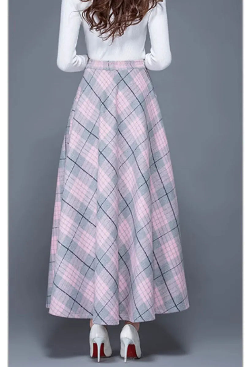 Plaid Wool Blend Maxi Skirt - A-Line Warm Winter Elegance 4649
