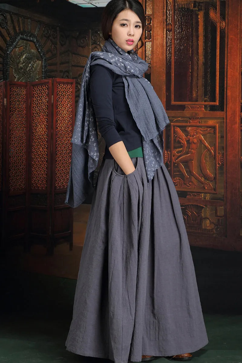 Linen Maxi Skirt - Elastic Waist Side Pockets Plus Size 