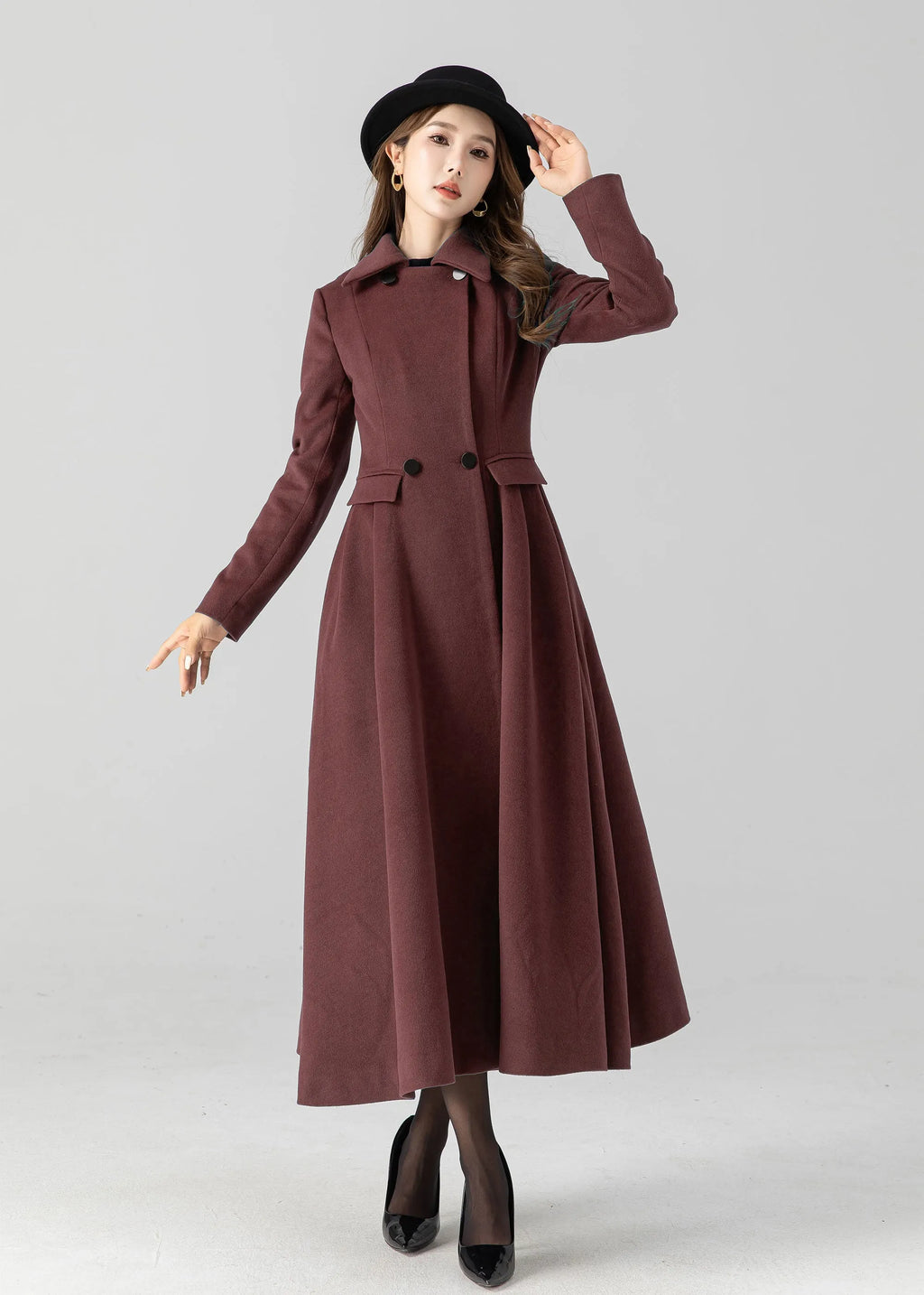 Burgundy Wool Long Coat - Vintage Inspired A-Line Swing 5506