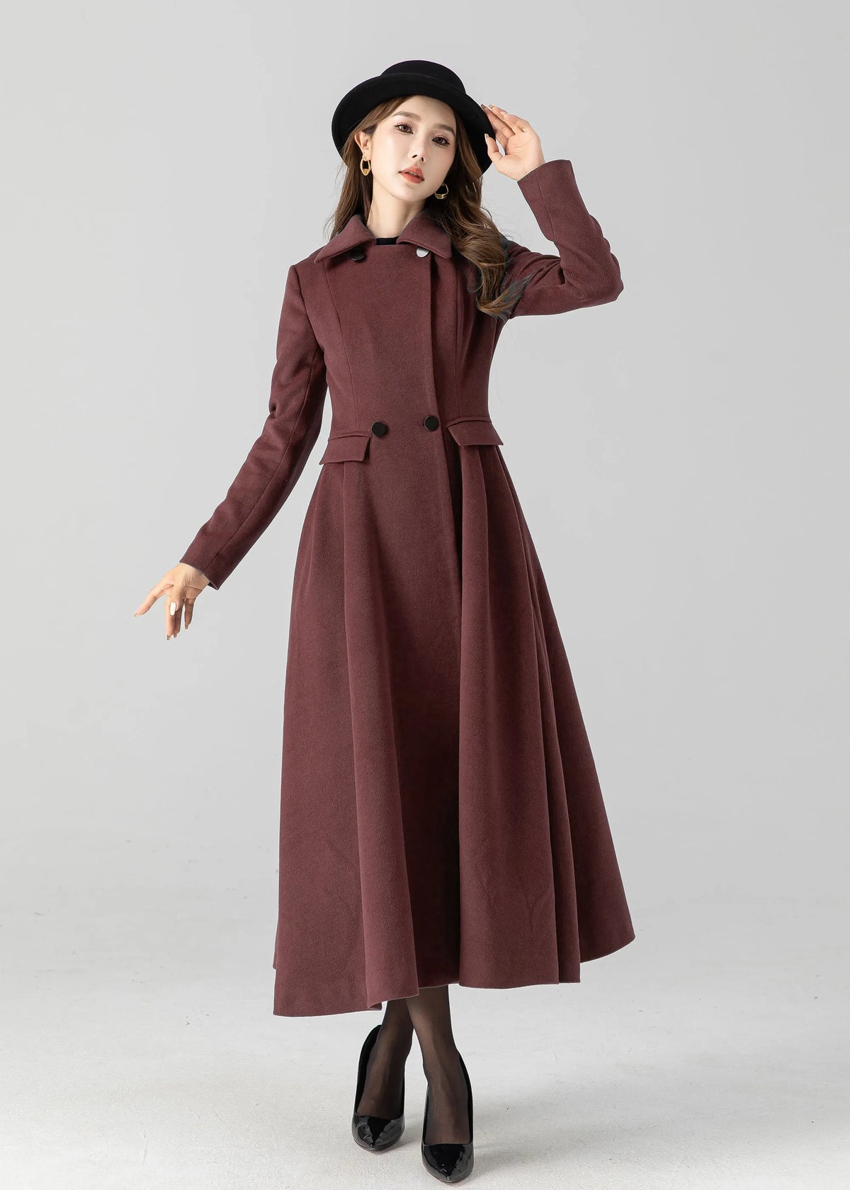 Burgundy Wool Long Coat - Vintage Inspired A-Line Swing 5506