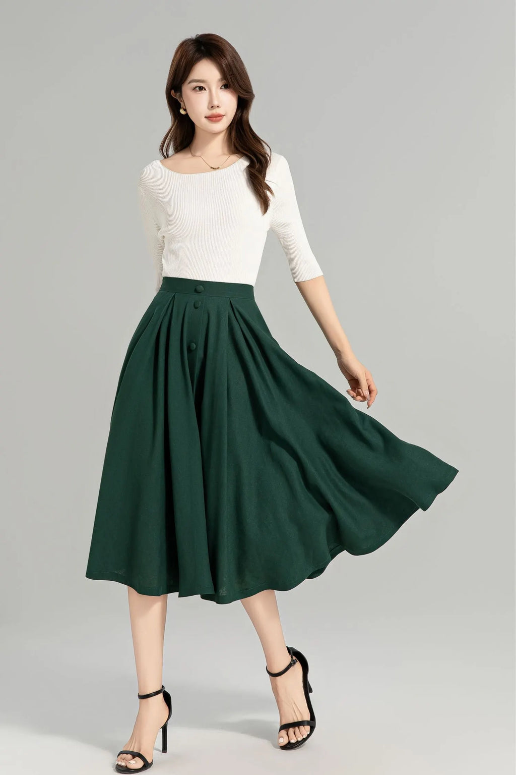 Dark Green Linen-Cotton Midi Skirt - A-Line Silhouette, Button-Down Detail 4963