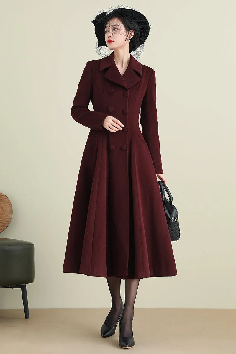 Handmade Wine Red Wool Coat – Vintage Double-Breasted Fit and Flare Overcoat 