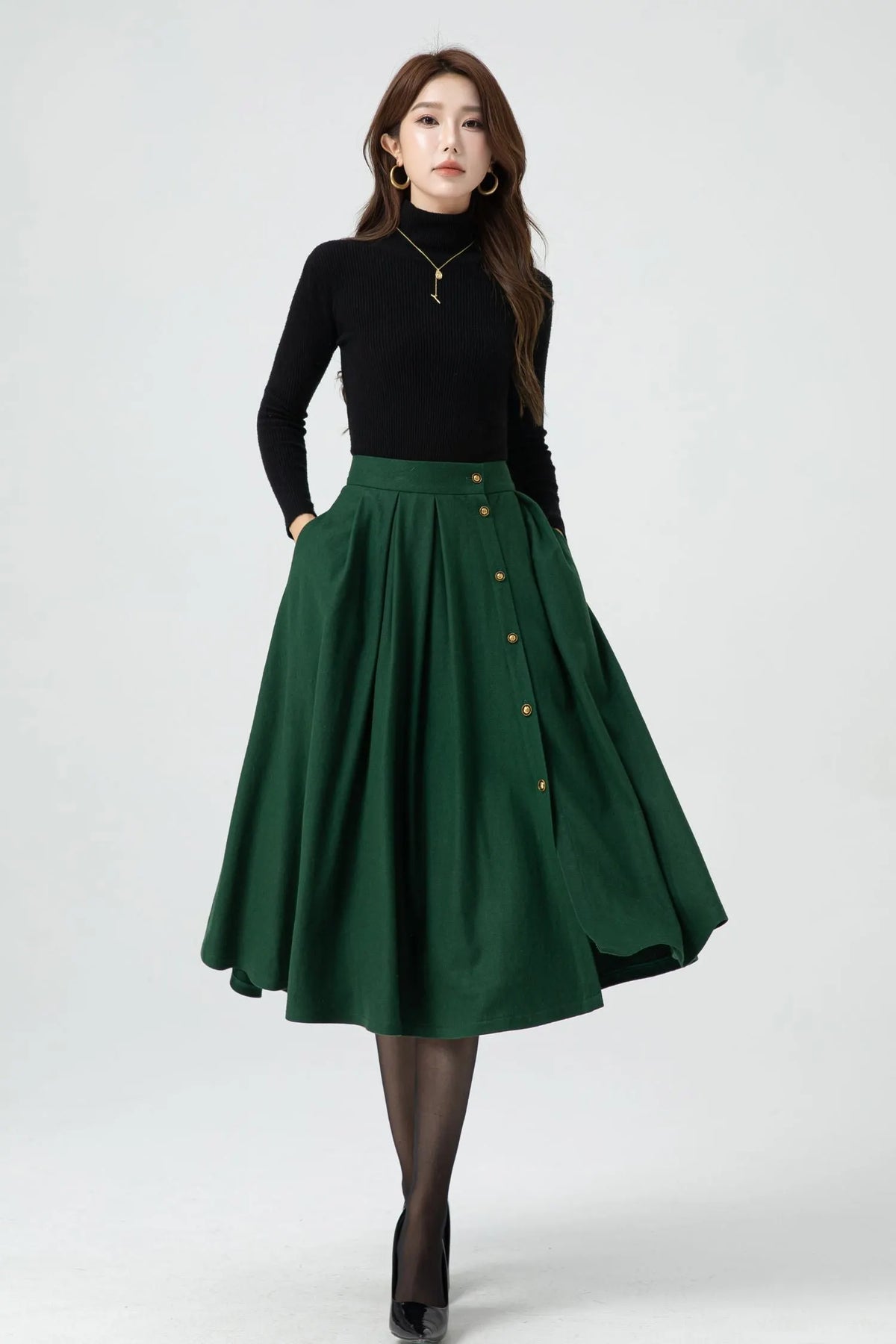 Green Wool Midi Skirt - Button Front Pleated Circle Skirt 5322