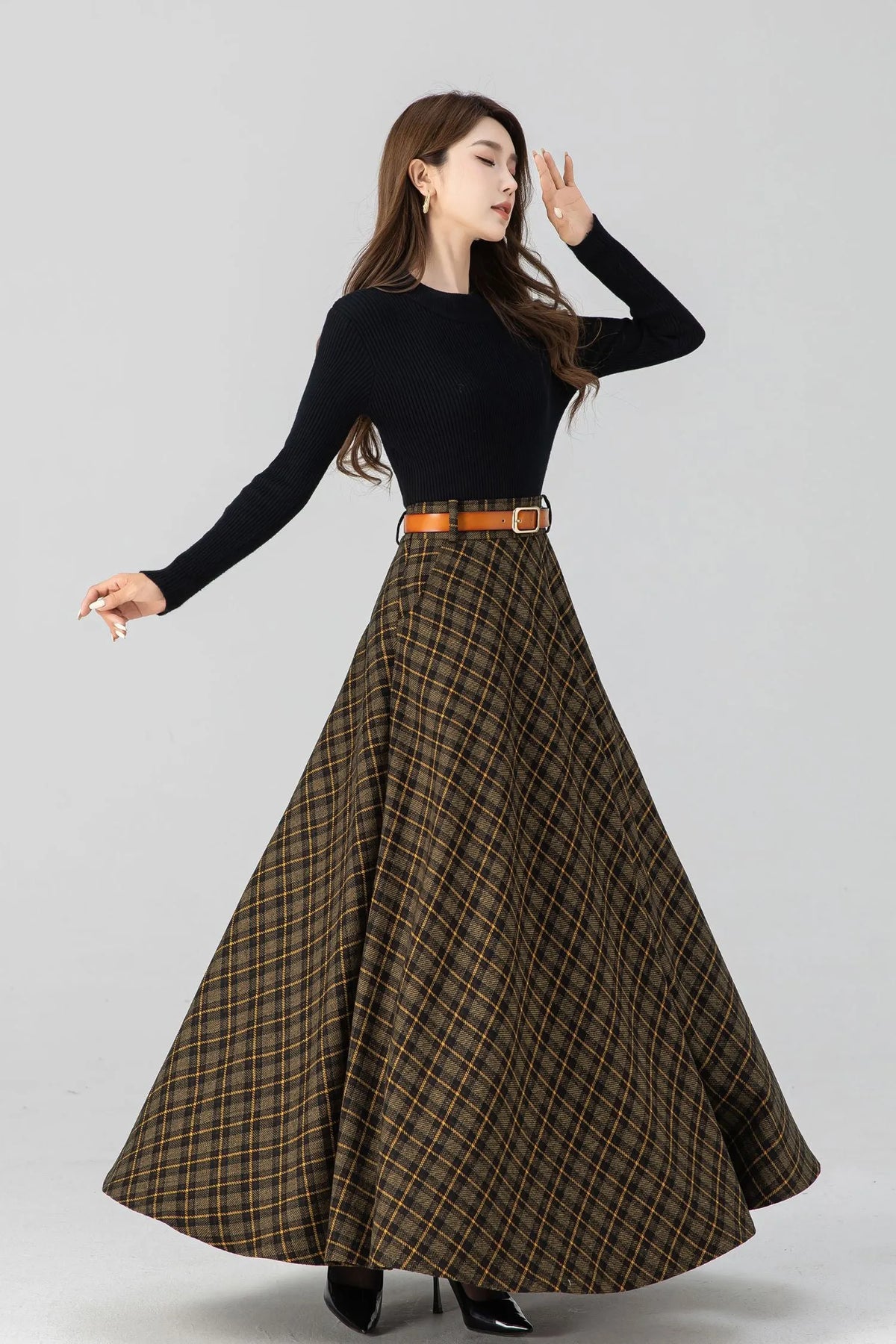 Handmade Brown Plaid Wool Maxi Skirt – High Waist Pleated Winter Long Skirt 