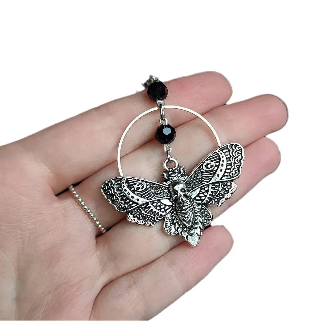 Black Crystal Beads Skull Moth Earrings