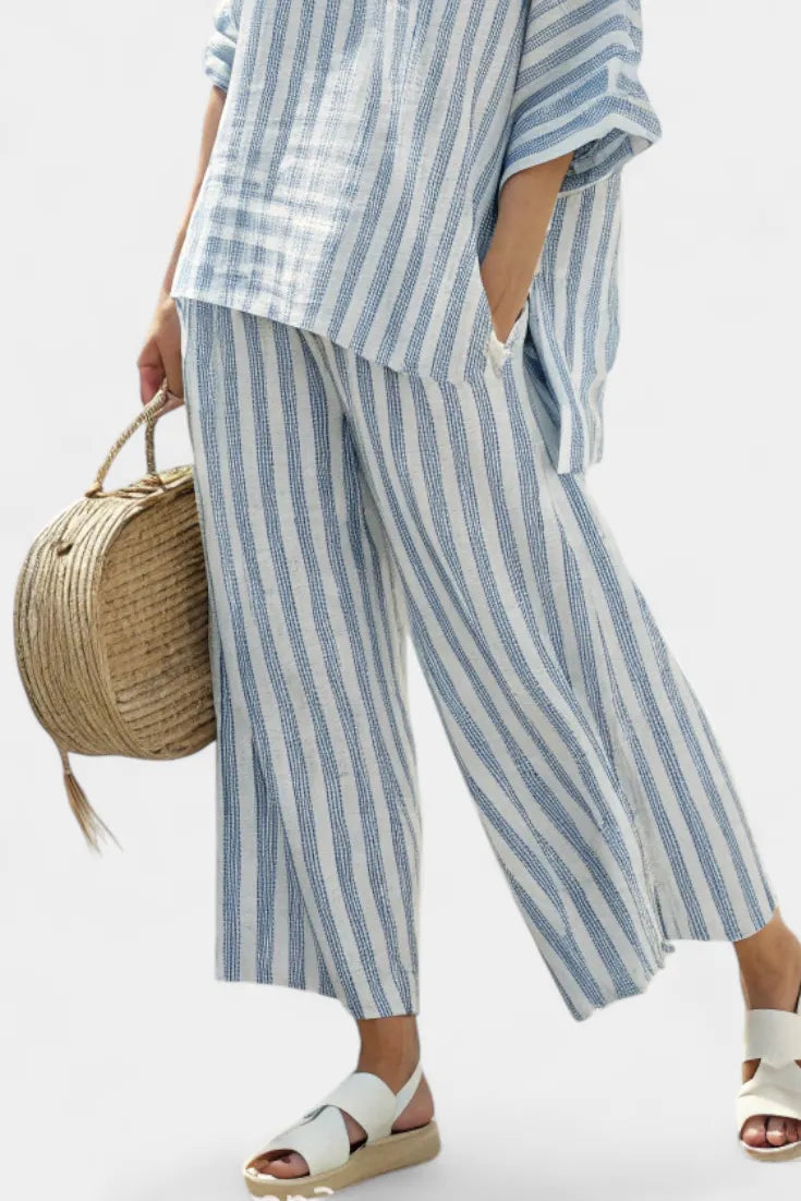 Rensleigh | Sophisticated Blue Striped Linen Top & Relaxed Pants