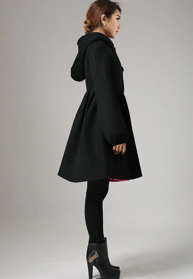 Black Hooded Wool Coat – Handmade Single-Breasted Winter Short Coat 