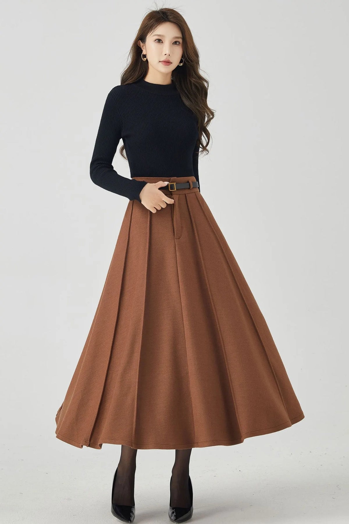 Handmade Wool Pleated Midi Skirt – High Waist Brown Winter Skirt 