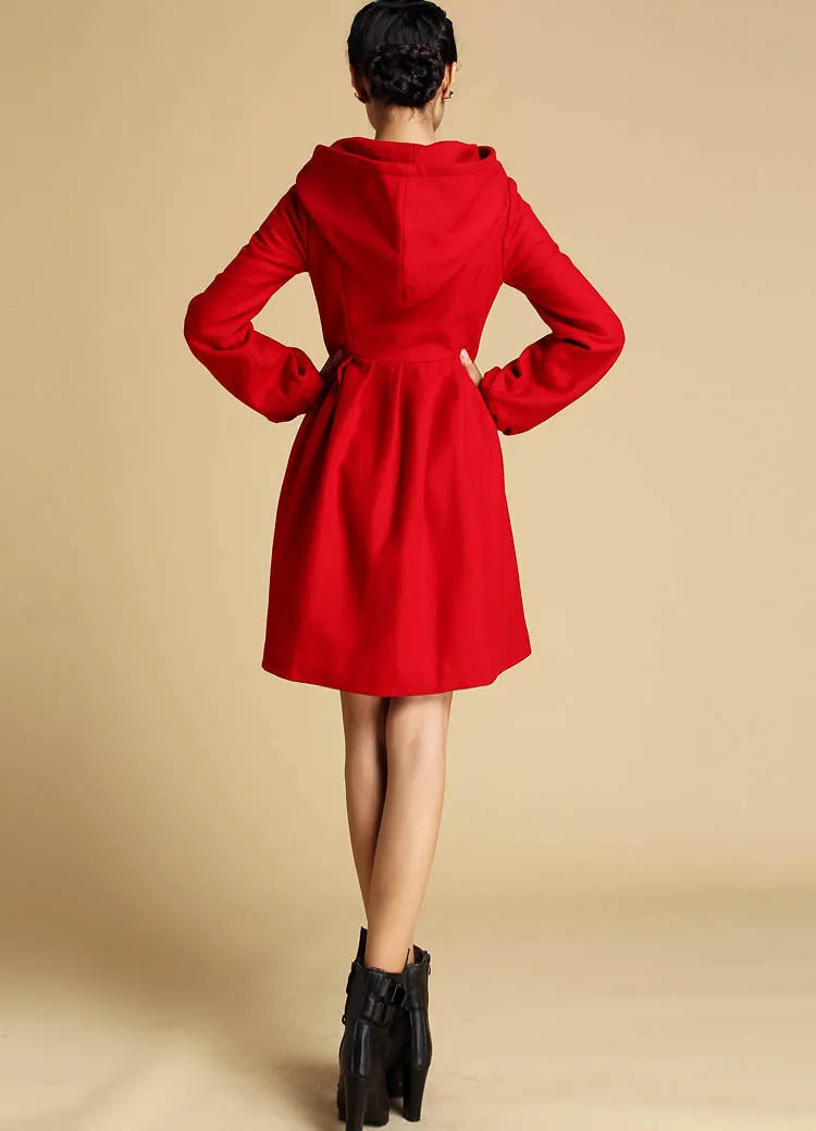 Red Hooded Wool Coat – Single-Breasted Winter Short Coat with Pockets 