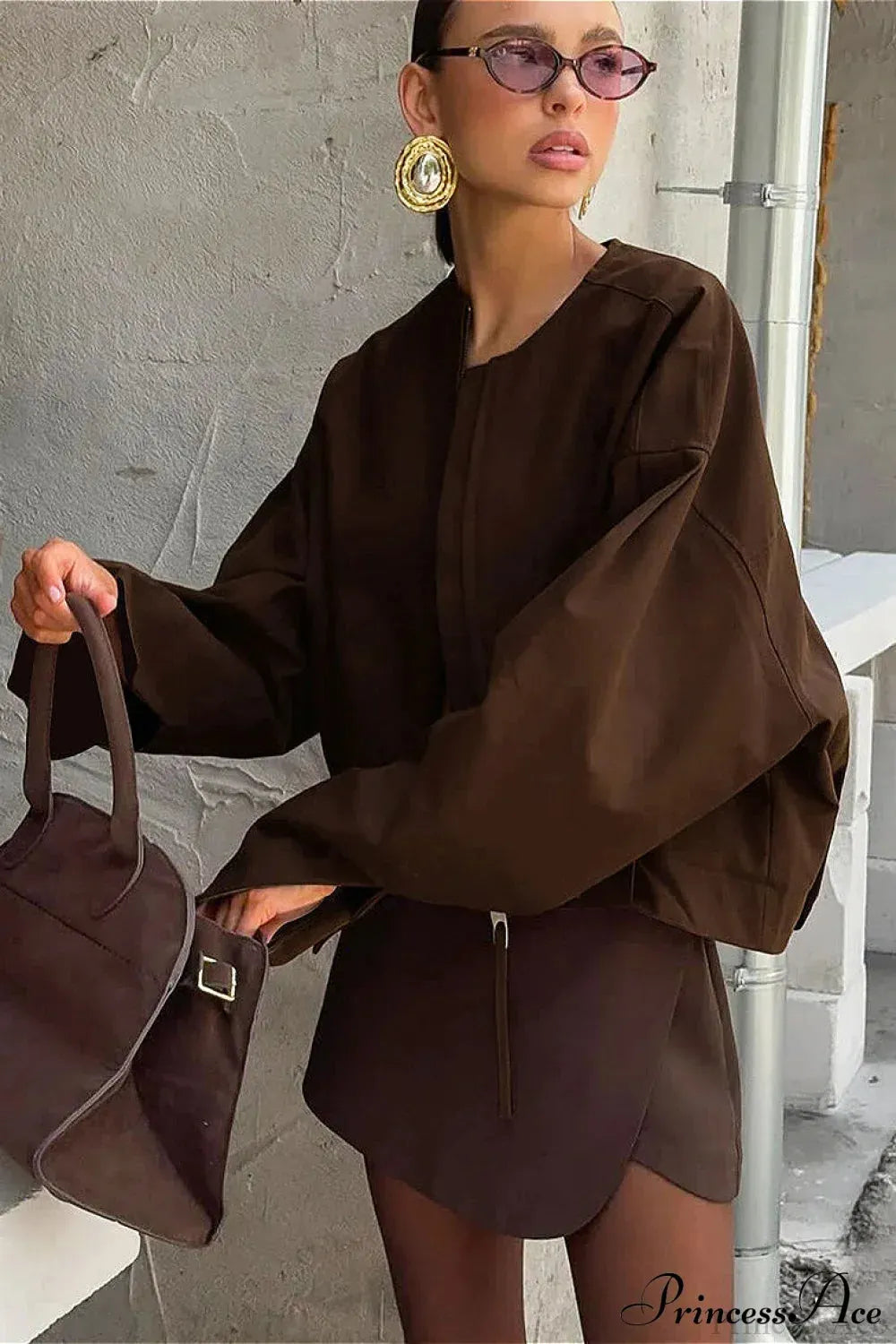Loose Zip Crewneck Short Long Sleeve Coat
