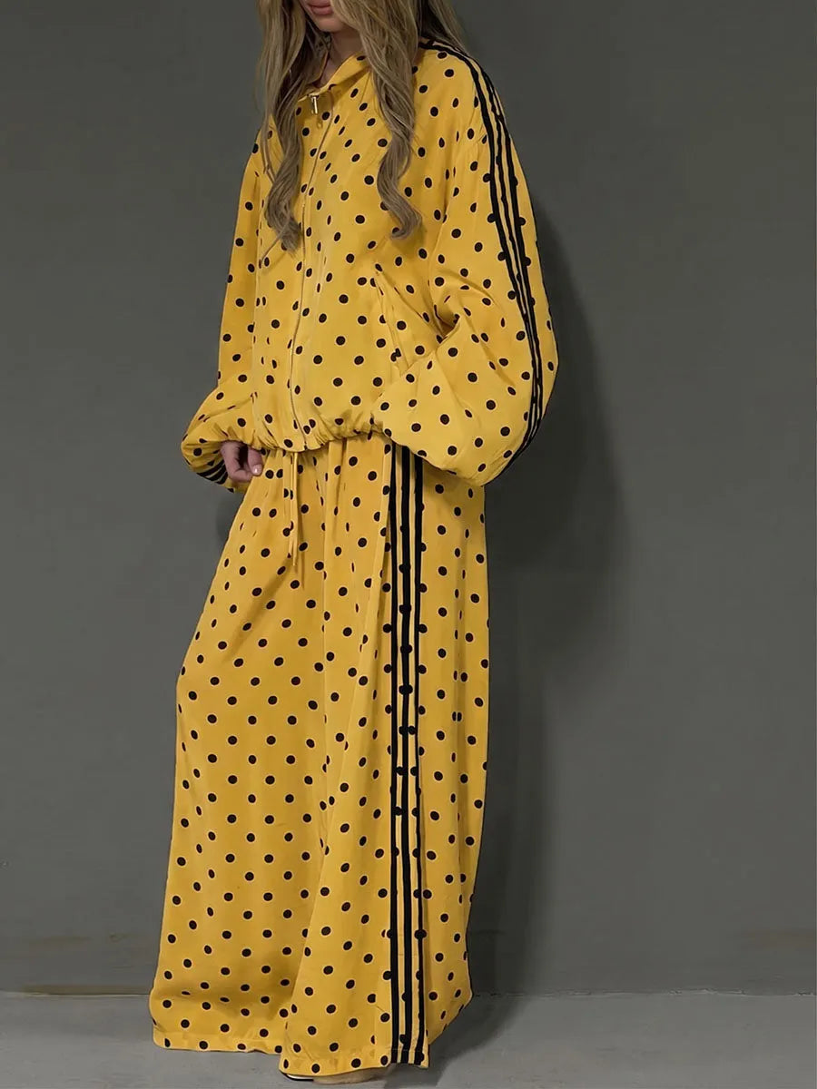 Women's Stand-collar Long-sleeve Loose-fit Polka Dot Top And High-waisted Wide-leg Pants Set