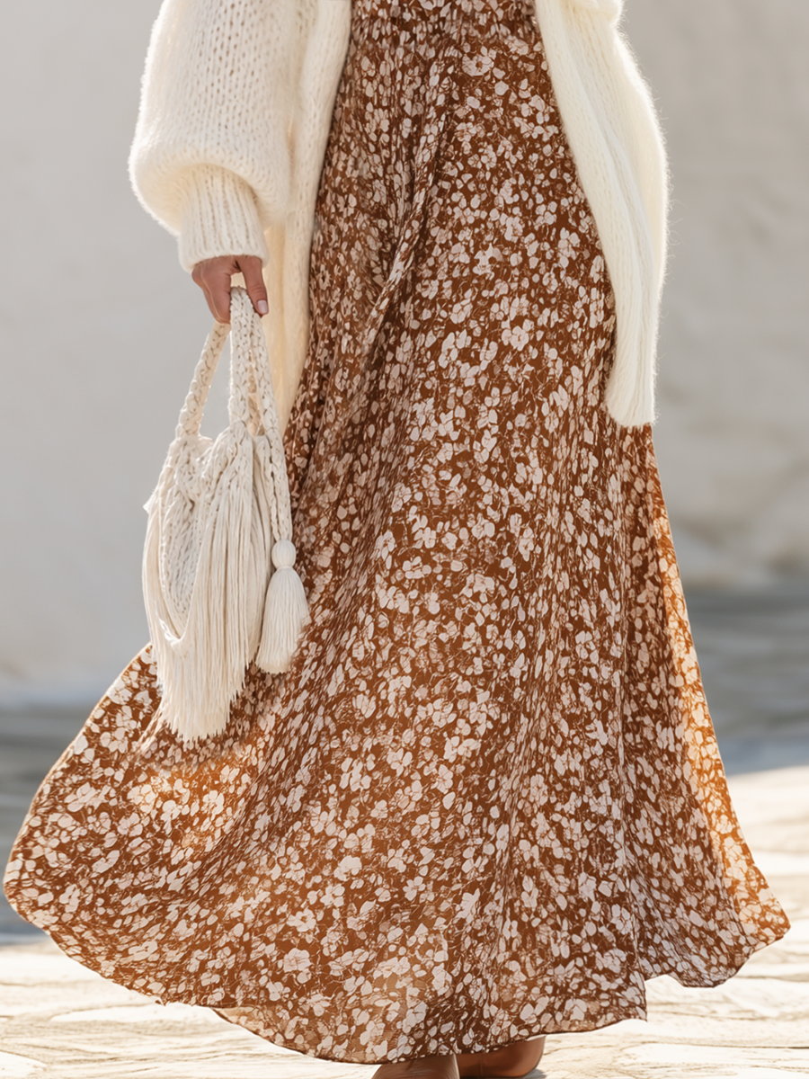 Fuzzy Mohair Open Front Oversized Long Cardigan And Brown Ditsy Floral Print Ruffle V-Neck Flowy Tiered Maxi Dress Two P