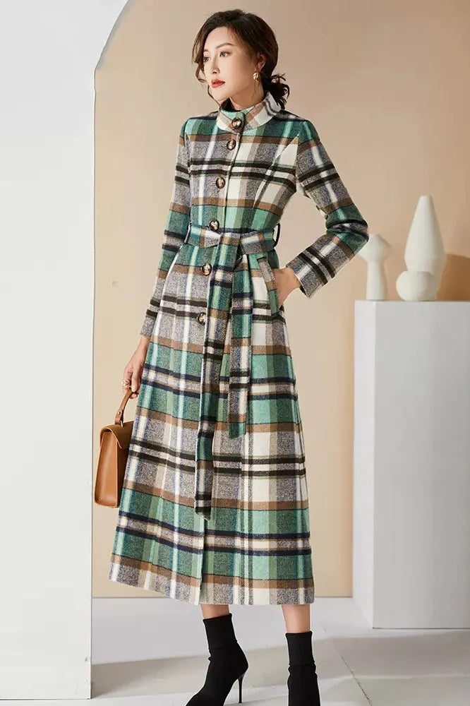 Handmade Green Plaid Wool Coat – Elegant Belted High Neck Long Overcoat 