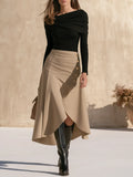 Classic One-shoulder Knit Top And Light Khaki Asymmetrical Hem Skirt Set