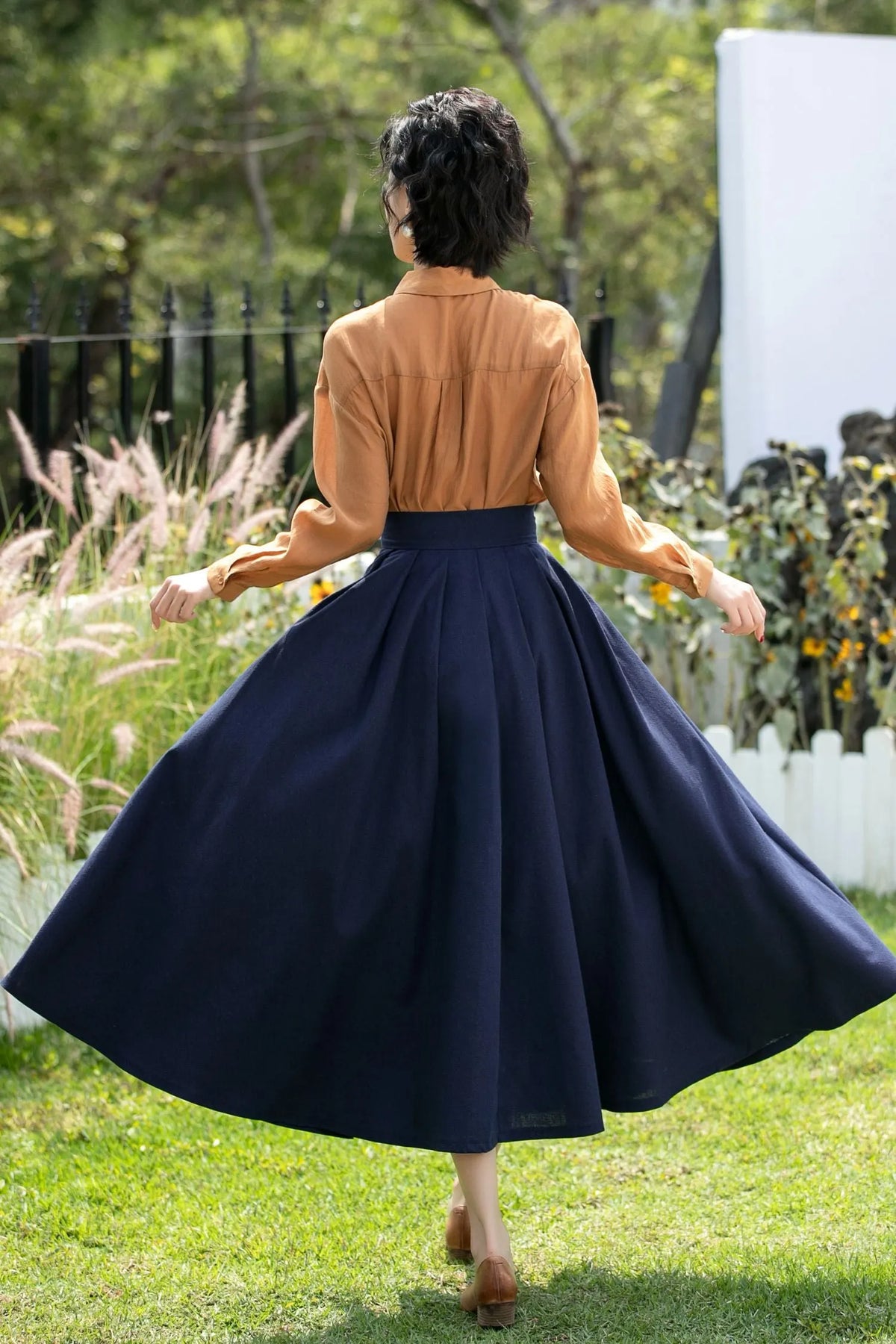 Deep Navy Linen Cotton Midi Skirt High Waist 