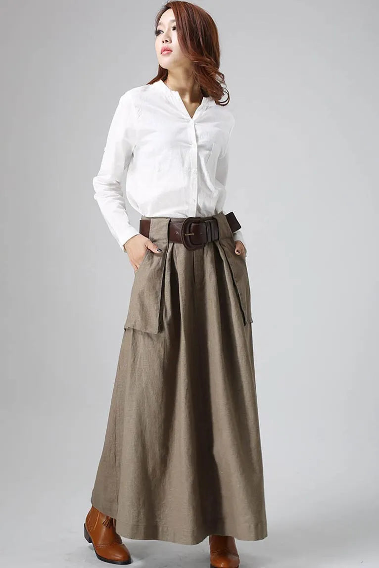 Khaki Linen Maxi Skirt – Vintage High Waist Long Skirt with Large Pockets 0820