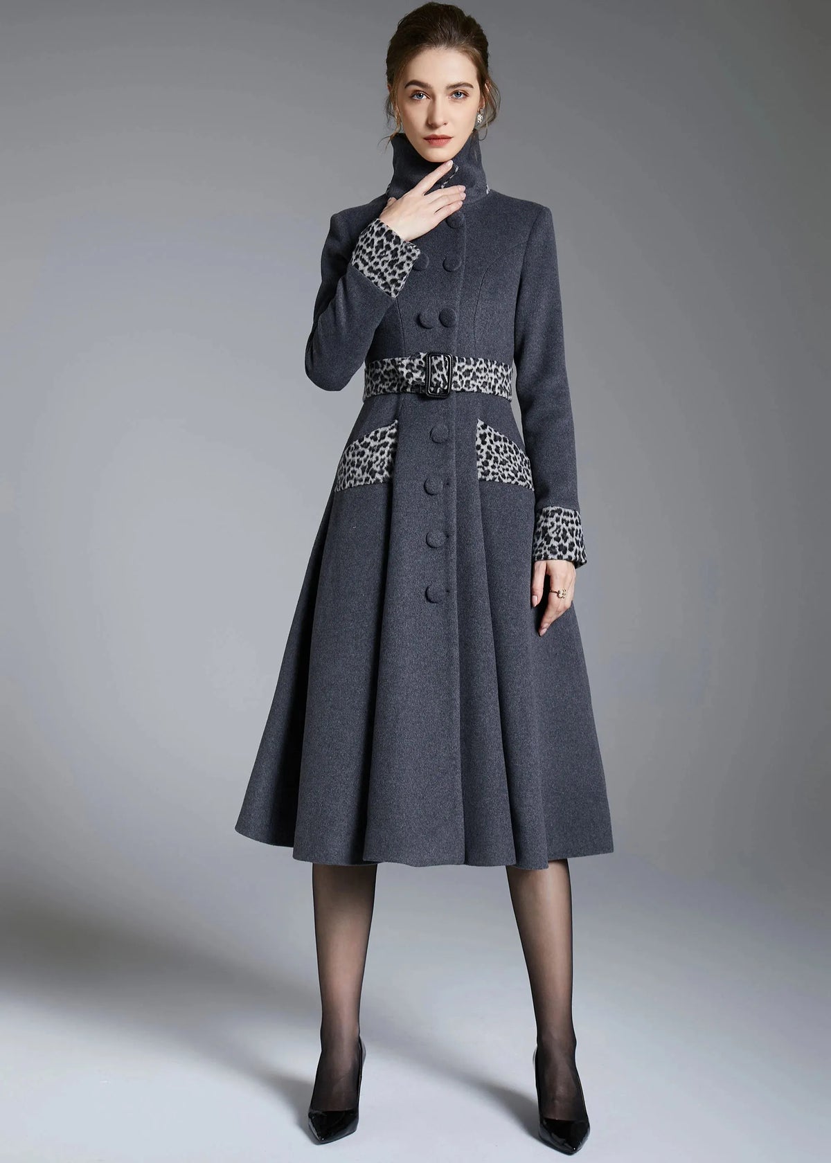 Gray Wool Midi Swing Coat - Leopard Trim & Belted Fit and Flare 3872