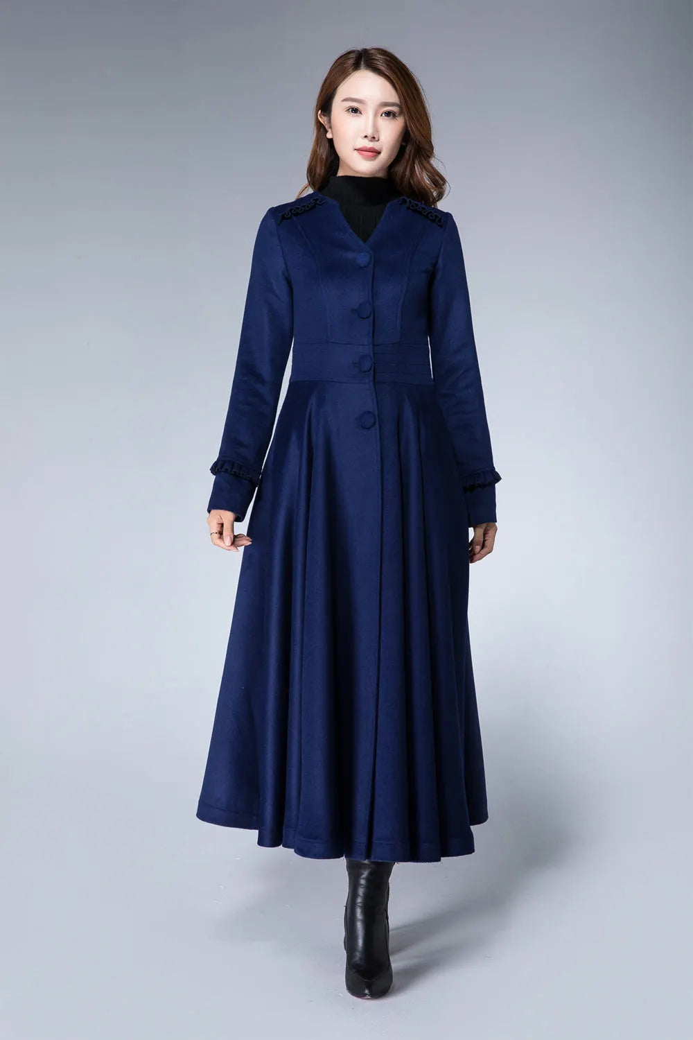 Navy Wool Coat – Handmade Vintage Maxi Winter Coat with Ruffle Trim 