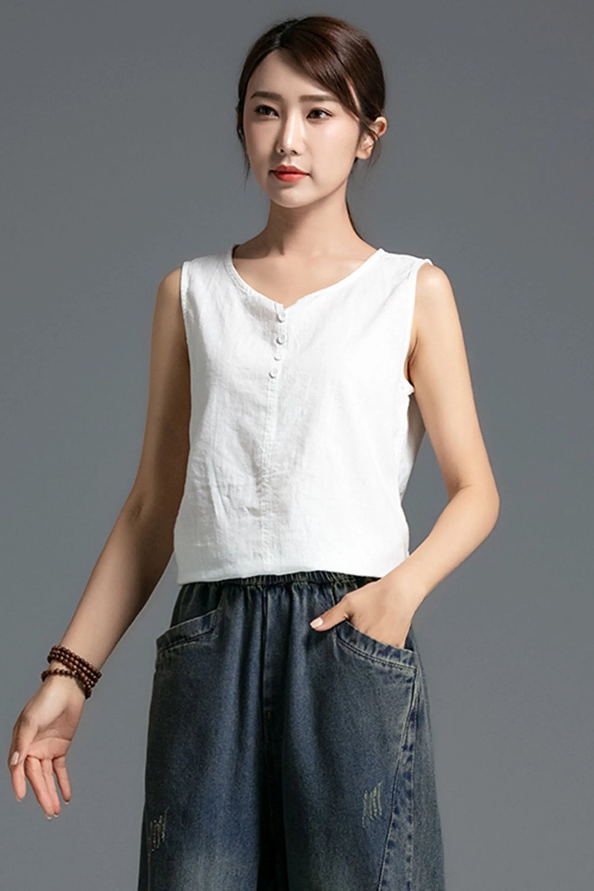 Linen V-Neck Tank Top - High Low Hem Sleeveless Summer 