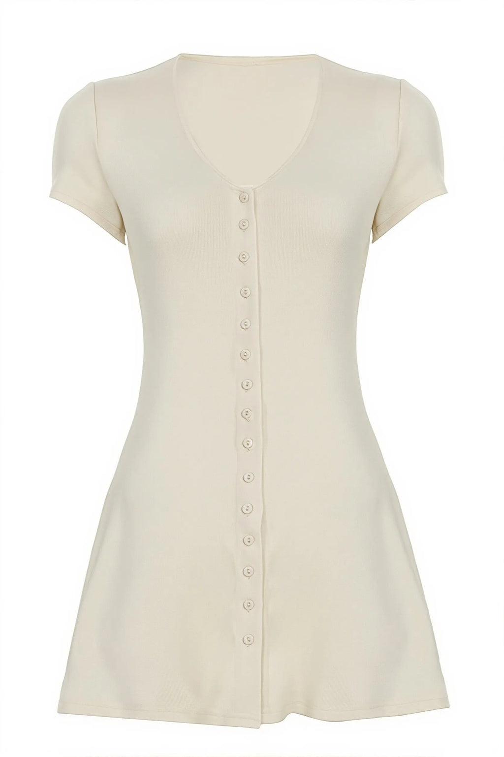 Solid Button Knit V Neck Slim Mini Dress