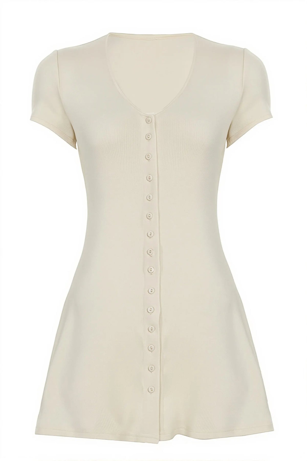 Solid Button Knit V Neck Slim Mini Dress