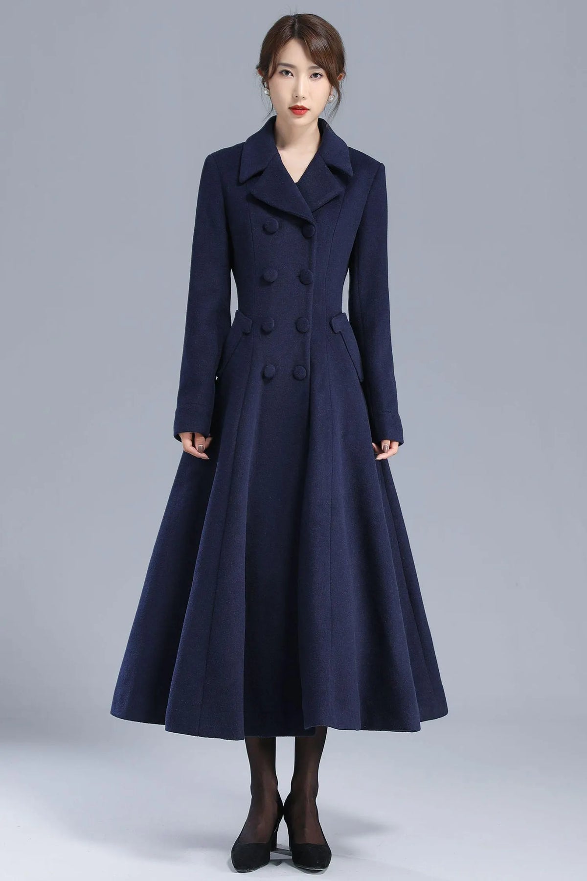Black Wool Overcoat - Double Breasted Fit and Flare Vintage Coat 5542