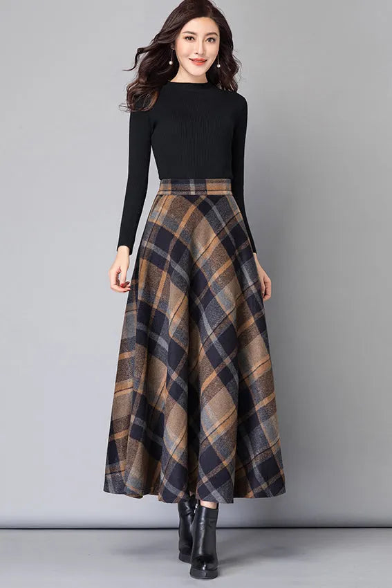 Brown Wool Maxi Skirt - High Waist A-Line Plaid 3799