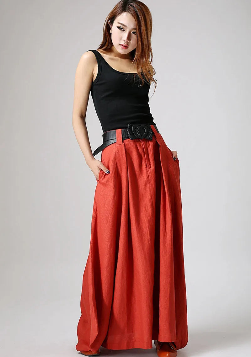 Women’s Handmade Linen Maxi Skirt – Orange Asymmetrical Flowy Skirt 