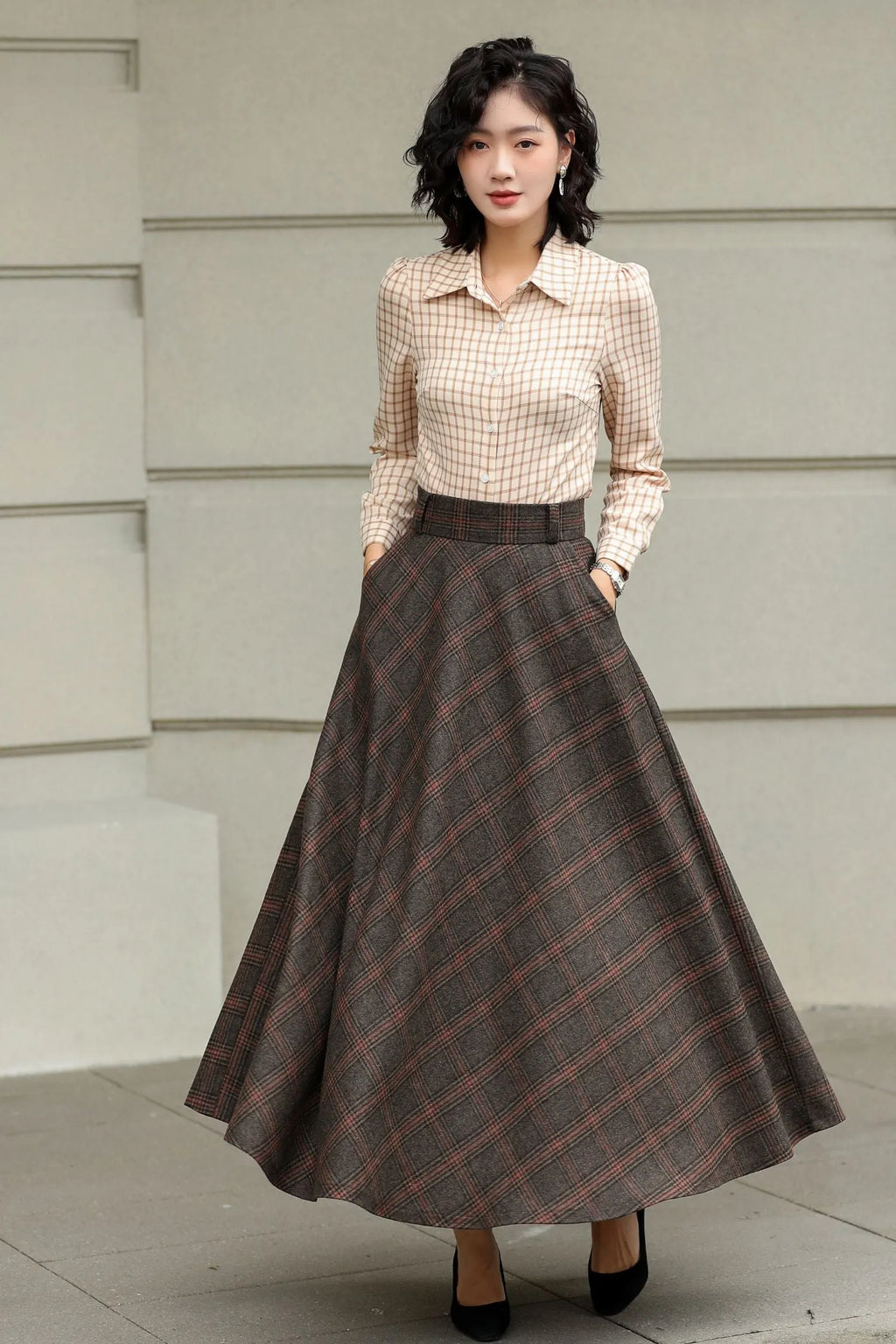 Handmade Dark Brown Plaid Wool Maxi Skirt – High Waist A-line Winter Elegance 6424