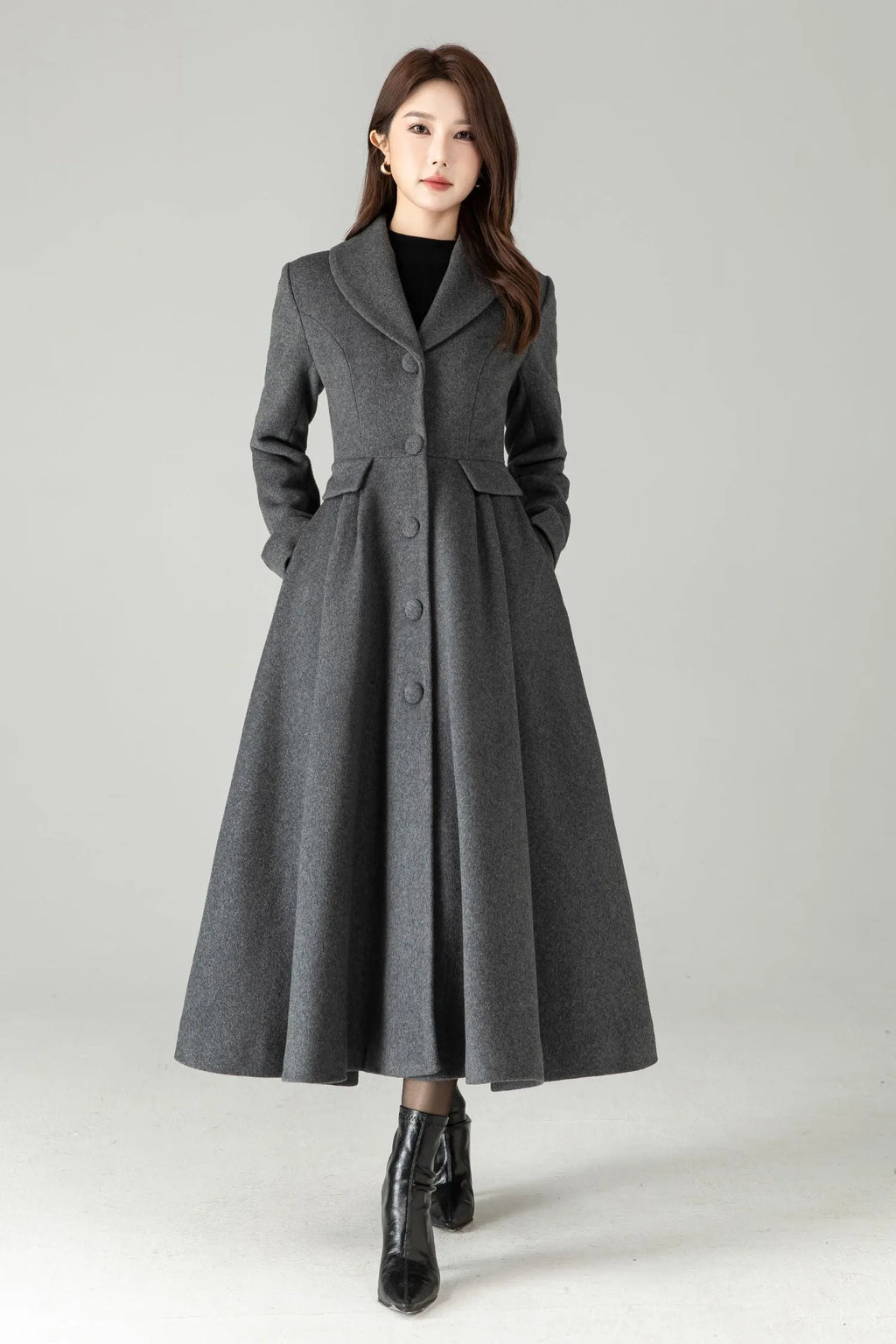 Gray Wool Maxi Coat – Single-Breasted Fit & Flare Long Winter Coat 