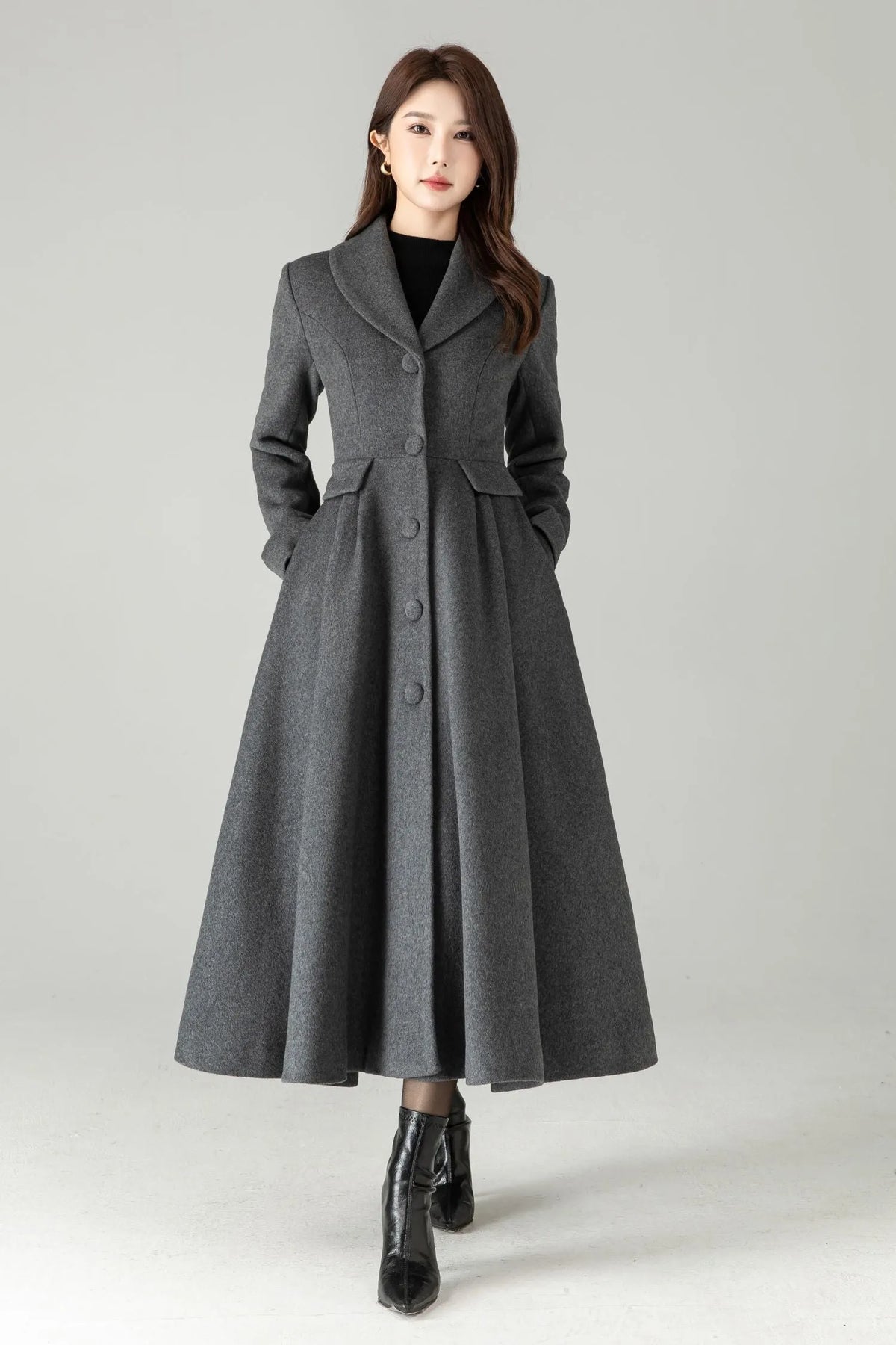Gray Wool Maxi Coat – Single-Breasted Fit & Flare Long Winter Coat 