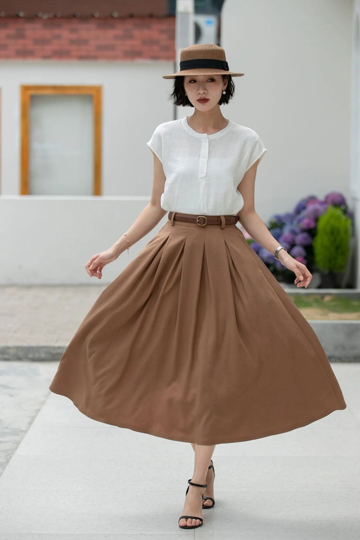 Coffee Linen Midi Skirt - Pleated A-Line with Belt Loops 5982