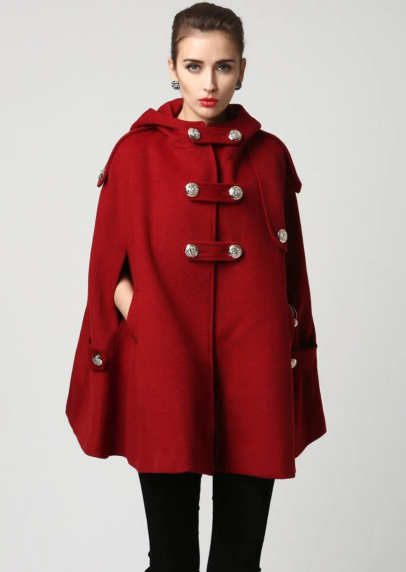 Handmade Wine Red Wool Cape Coat – Hooded Double-Breasted Winter Overcoat 