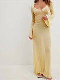 Women Vintage Sleeve V Neck See Through Slim Fit Solid Color Party Female Vestidos Streetwear