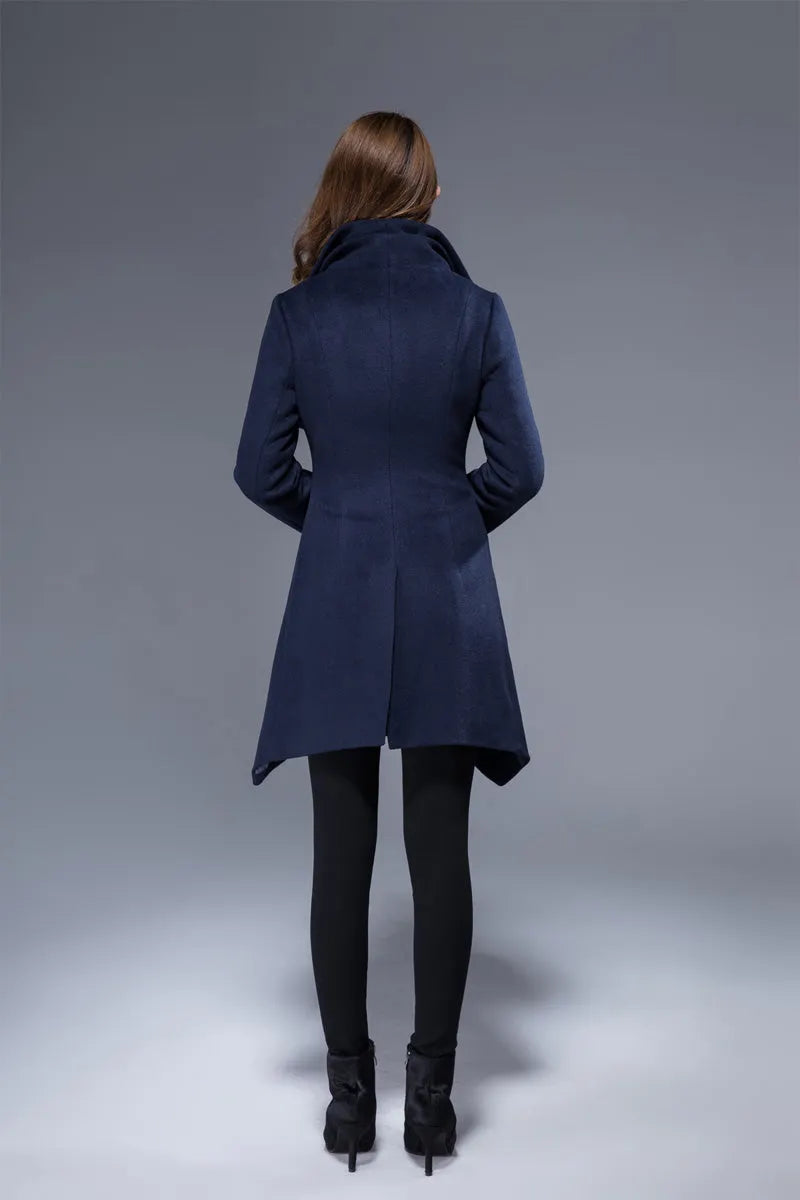 Navy Wool Coat - Asymmetrical Hem and Cowl Neck 1817