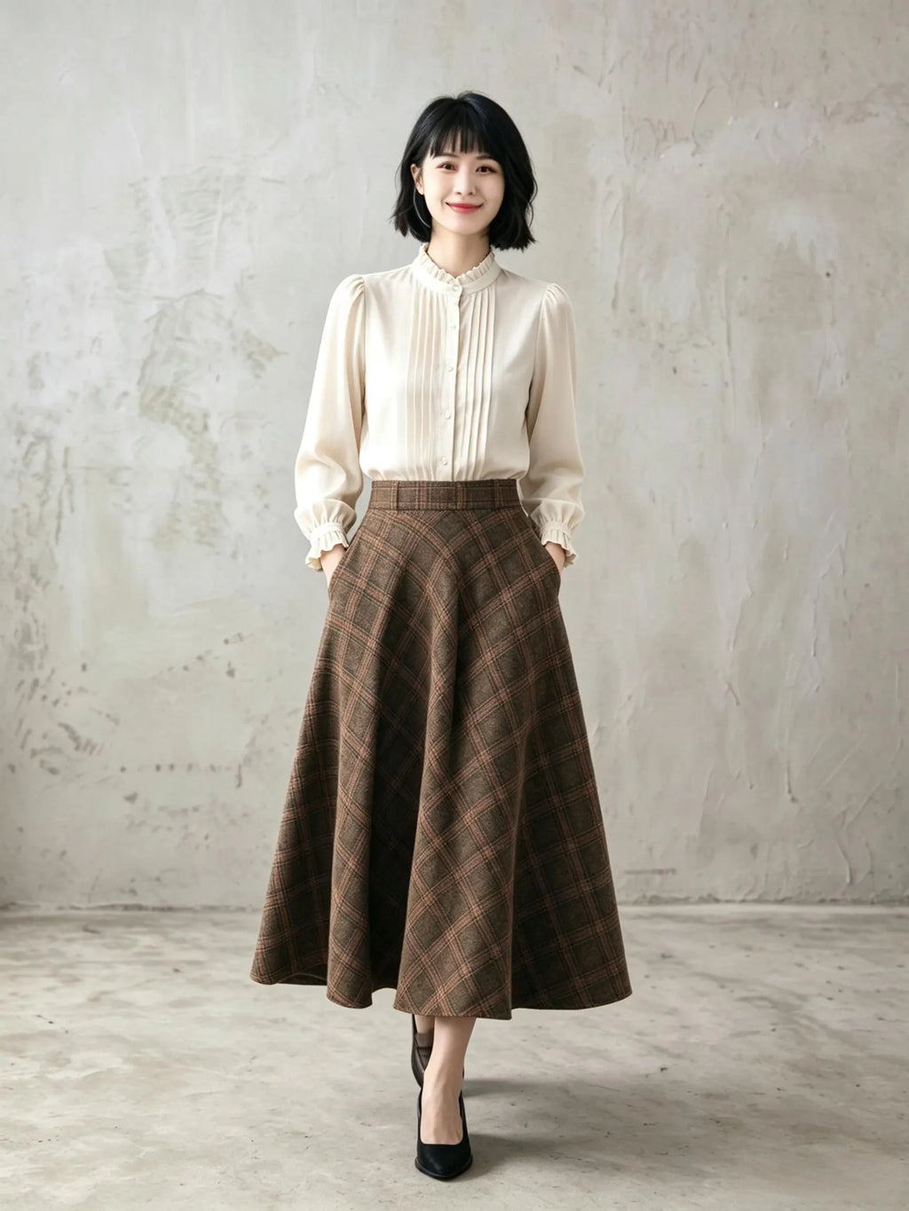Brown Plaid Wool Blend A-Line Skirt - Vintage Ankle Length 6924
