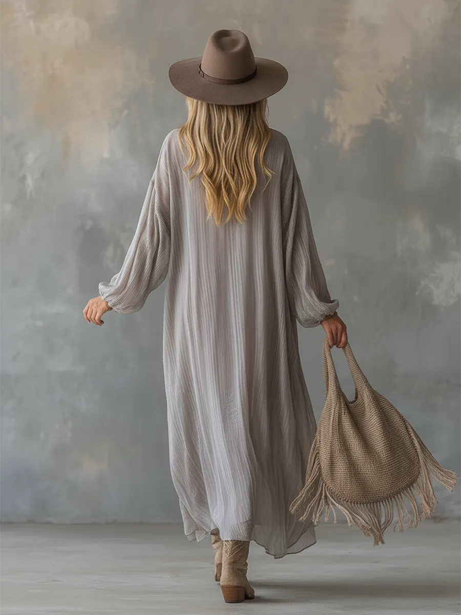 Lazy And Elegant V-neck Light Gray Crinkled Chiffon Maxi Dress