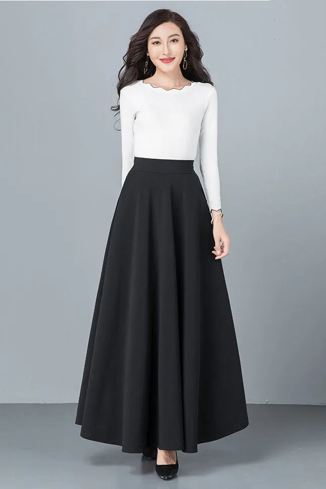 Black Cotton Blend A-Line Long Skirt - Back Elastic Waist 4092