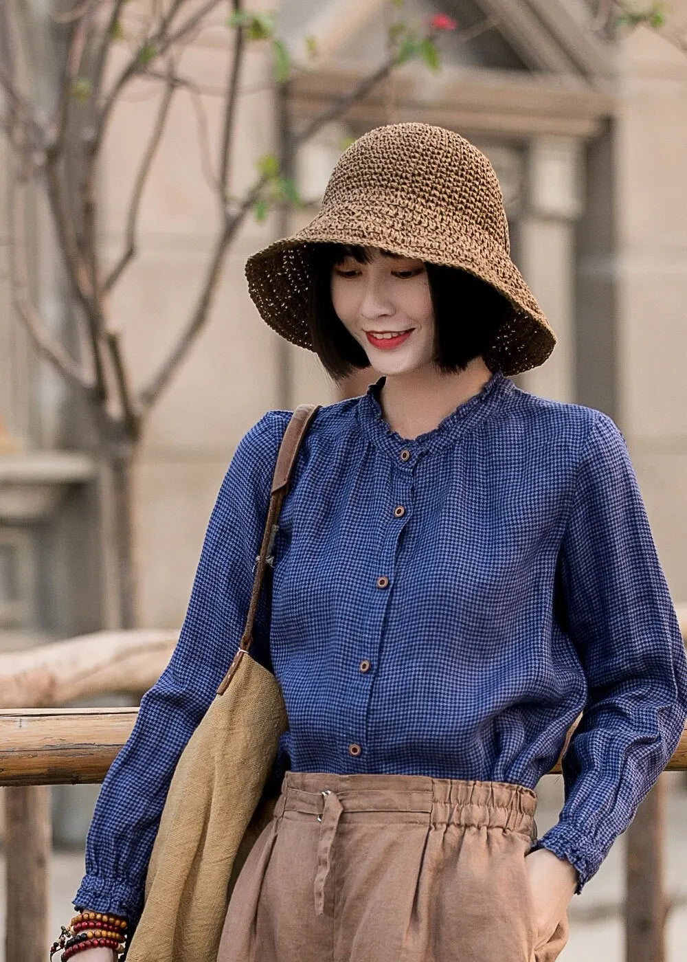 Blue Linen Blouse - Vintage Check Ruffle Crew Neck 2833