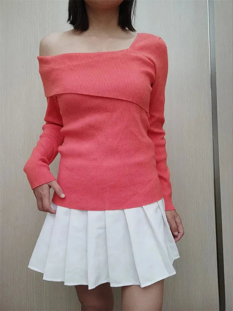 Off Shoulder Irregular Neck Long Sleeve Ribbed Knitted T-shirts