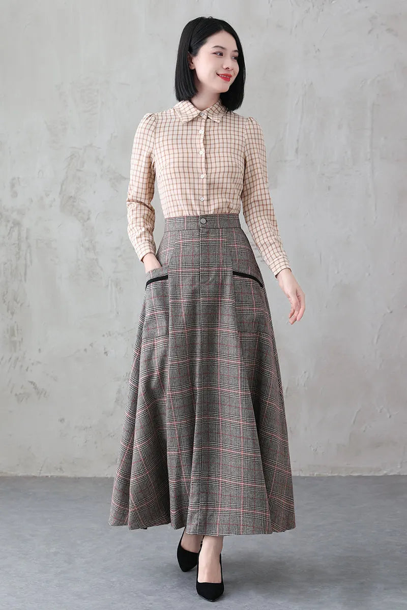 Plaid Wool Long Skirt - Retro Full Silhouette with Side Pockets 3837