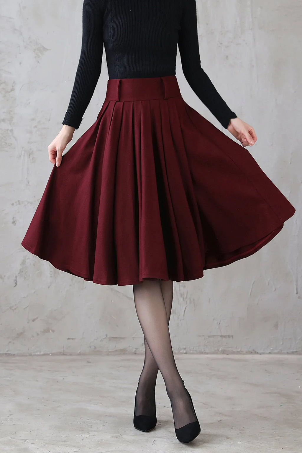 Burgundy Wool Midi Skirt – Vintage High Waist Pleated Circle Skirt 3110