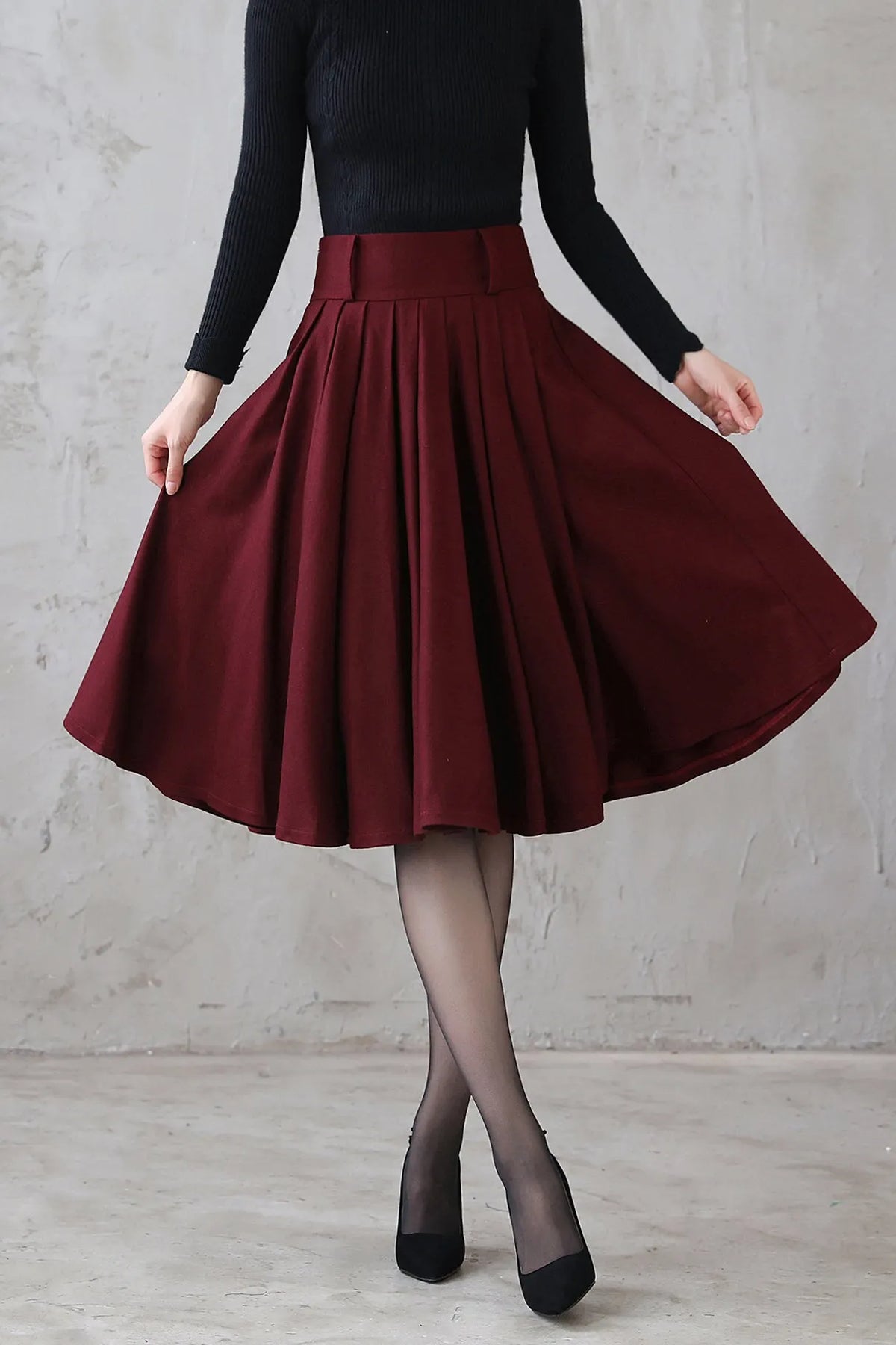 Burgundy Wool Midi Skirt – Vintage High Waist Pleated Circle Skirt 3110