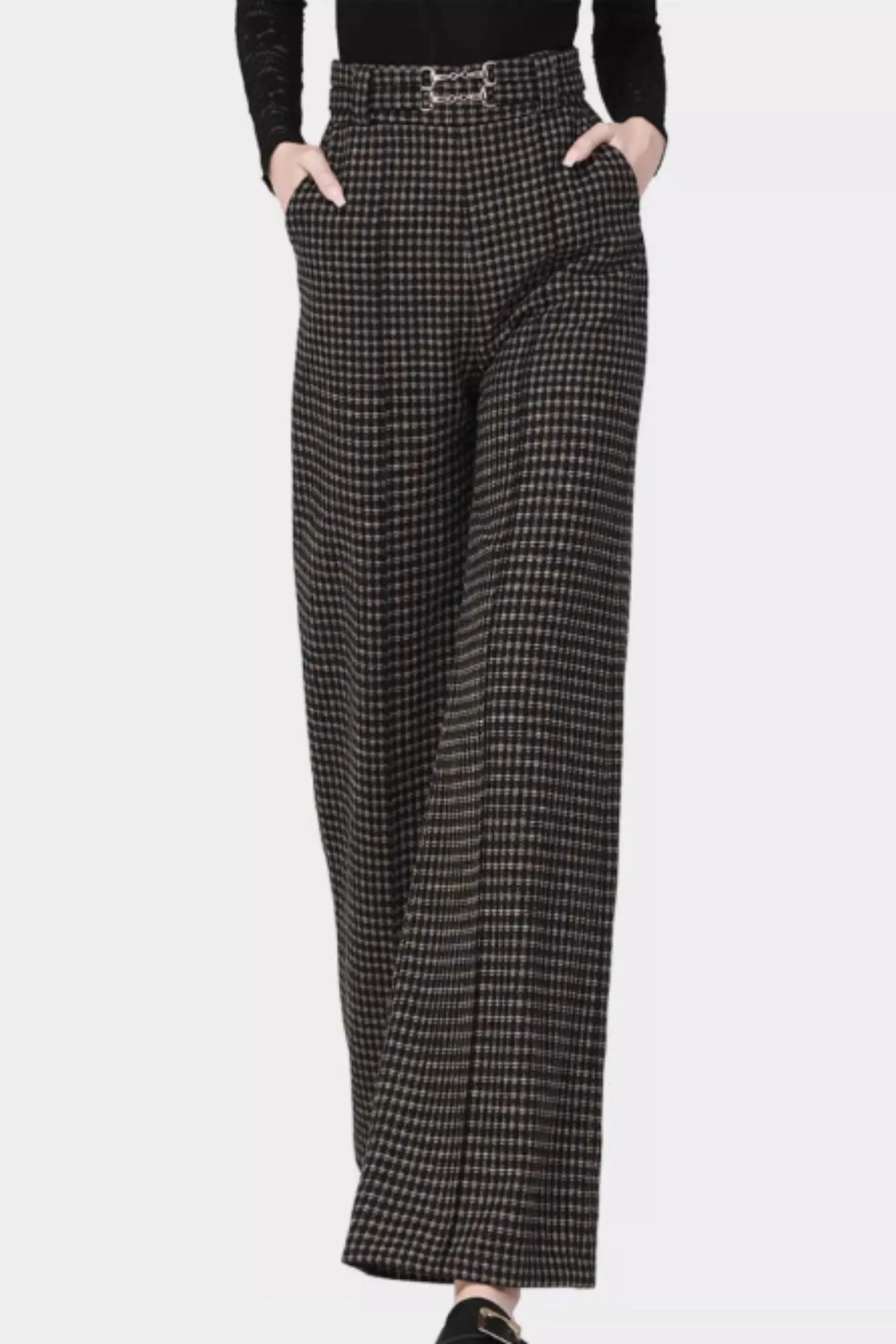 Plaid Wool Wide Leg Pants - Maxi Length with Pockets 5418