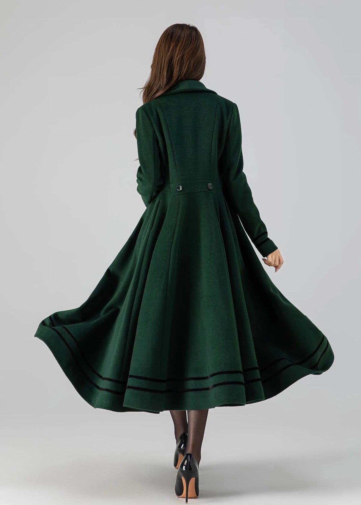 Forest Green Wool Coat - Double Breasted A-Line Fit and Flare 4514