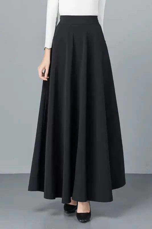 Black Cotton Blend A-Line Long Skirt - Back Elastic Waist 4092